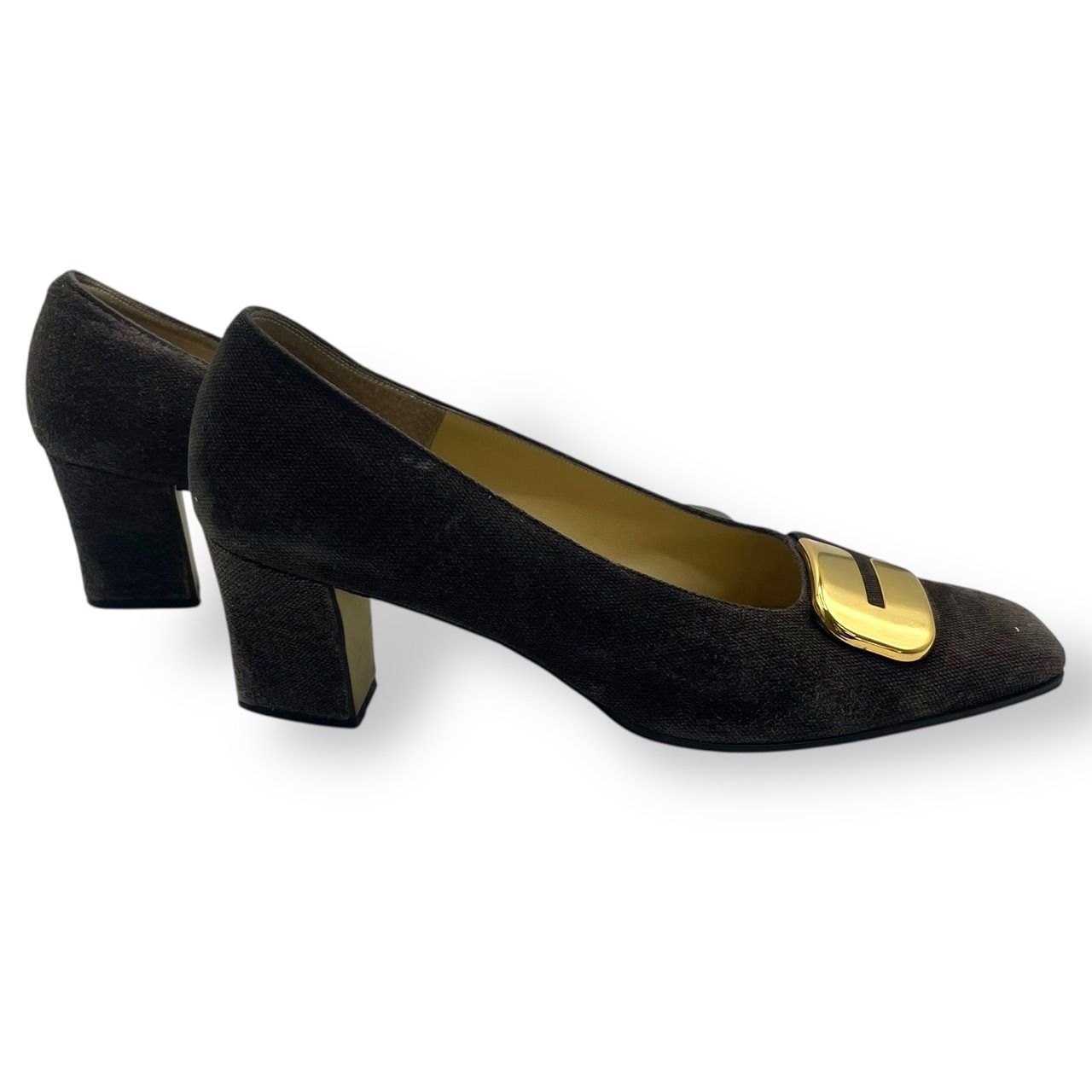 美品 銀座かねまつ パンプス ハイヒール スクエアトゥ ゴールド金具