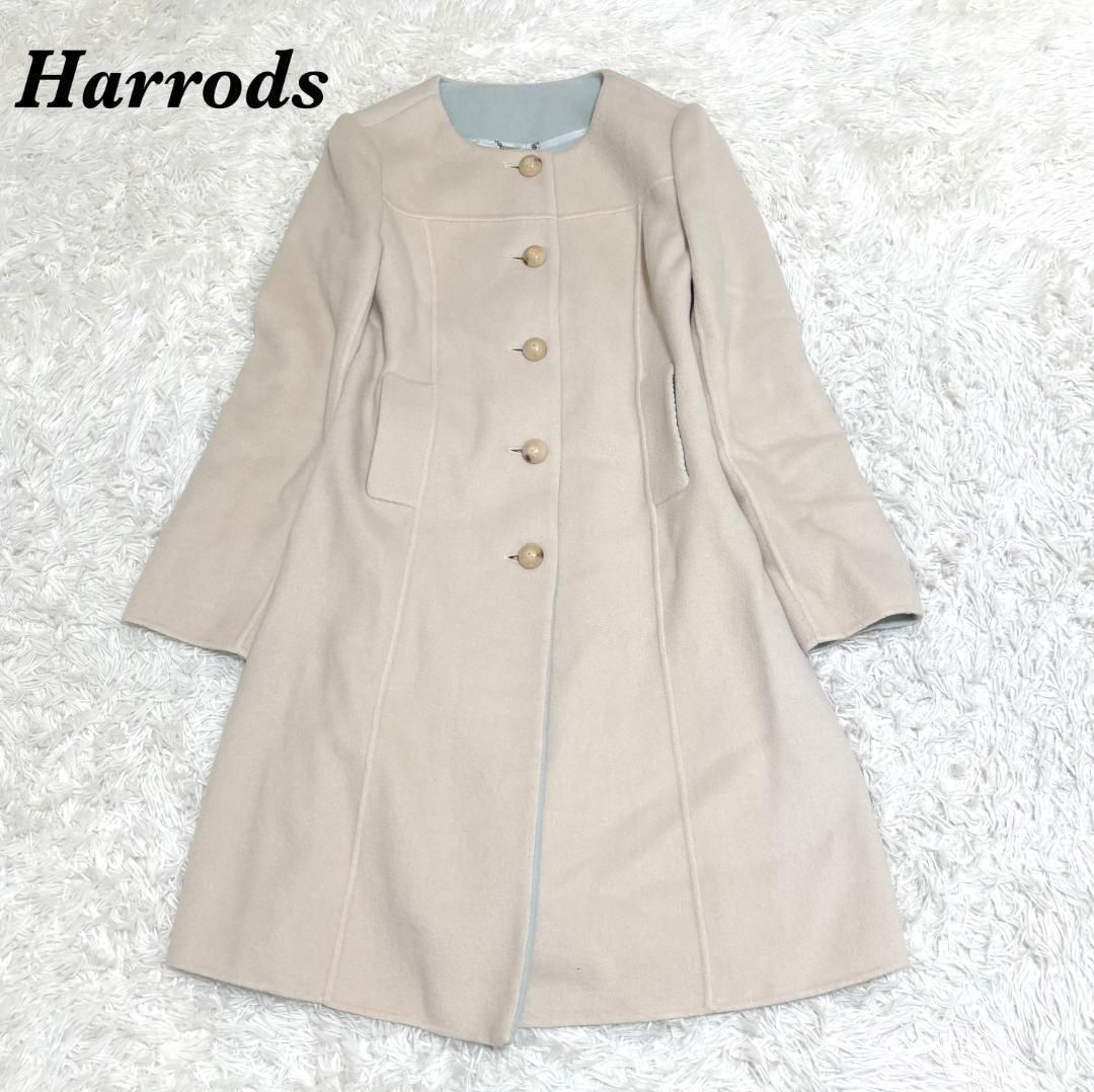 美品】Harrods カシミヤ混ノーカラー ウールロングコート 2 ベージュ 