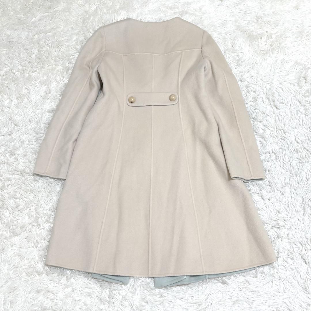 美品】Harrods カシミヤ混ノーカラー ウールロングコート 2 ベージュ 
