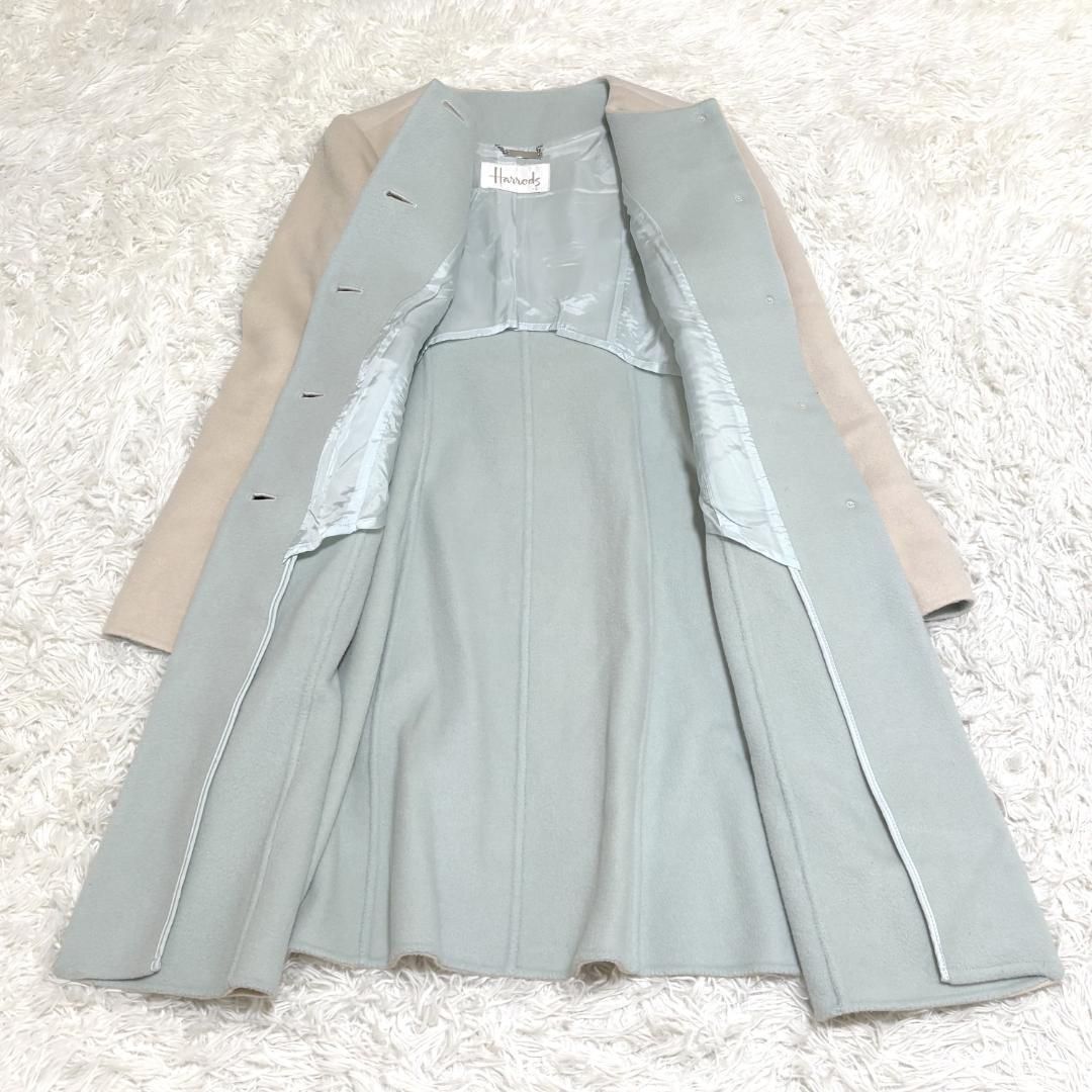 美品】Harrods カシミヤ混ノーカラー ウールロングコート 2 ベージュ 