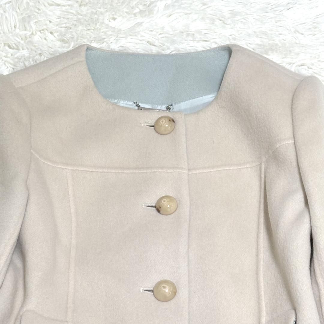 美品】Harrods カシミヤ混ノーカラー ウールロングコート 2 ベージュ 