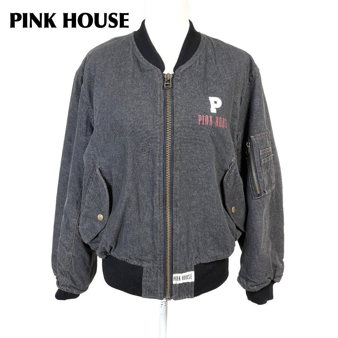 美品】 PINK HOUSE デニムブルゾン ジャケット ダークグレー ロゴ 