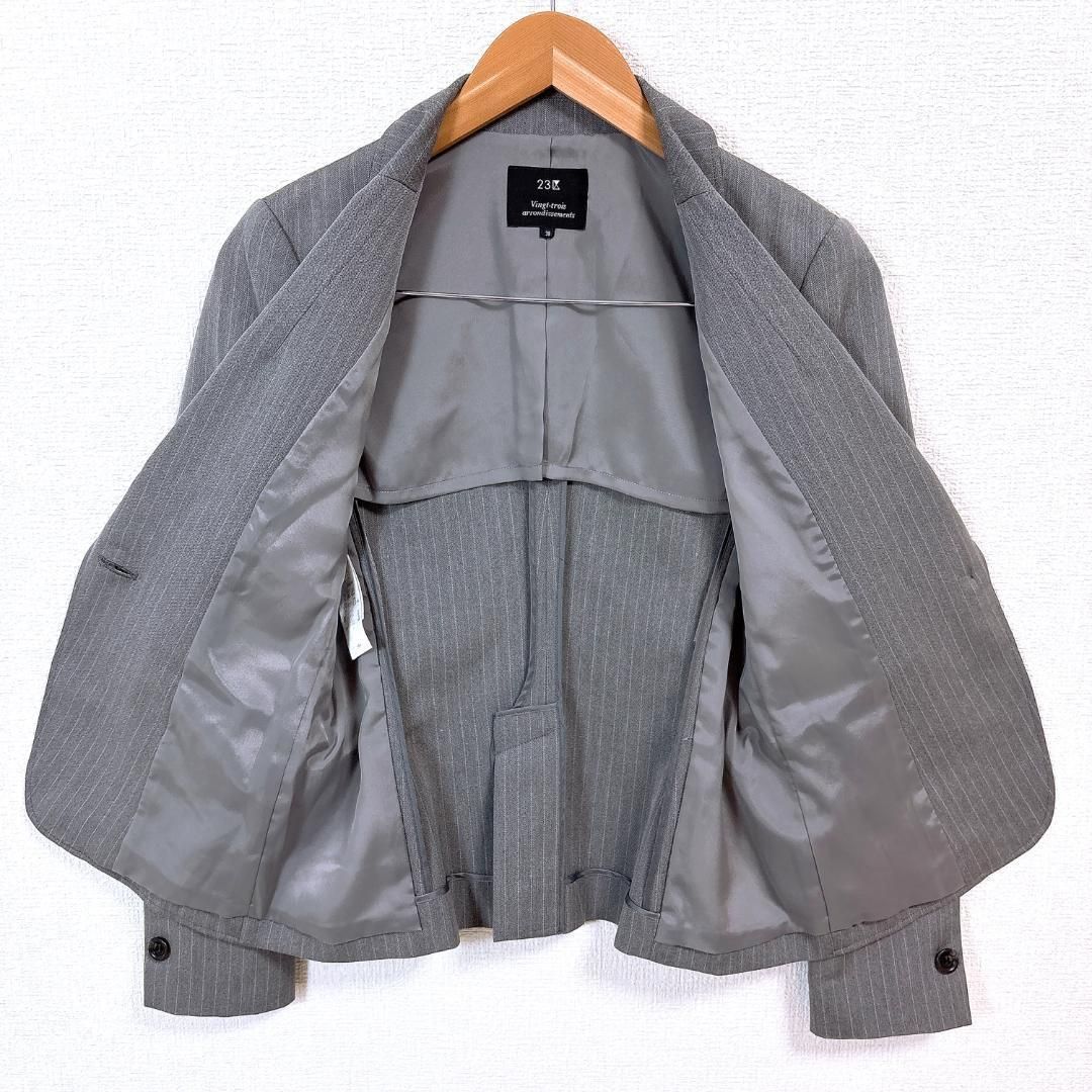 美品 23区 パンツスーツセットアップ 38 グレー ストライプ 総裏 M 美品】23区 パンツスーツセットアップ ワンボタン 38 ストライプ