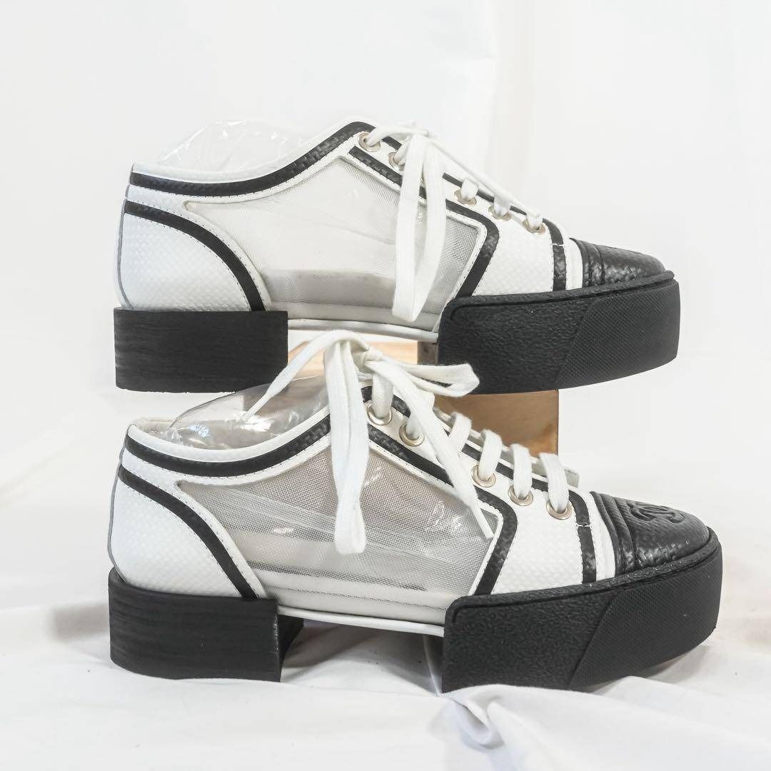 極美品 CHANEL シャネル レースアップスニーカー メッシュ×レザー ココ