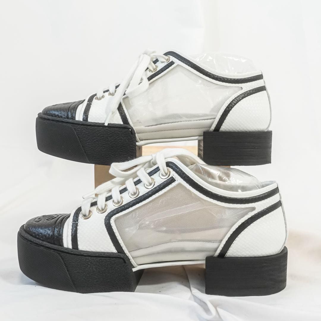 極美品 CHANEL シャネル レースアップスニーカー メッシュ×レザー ココ
