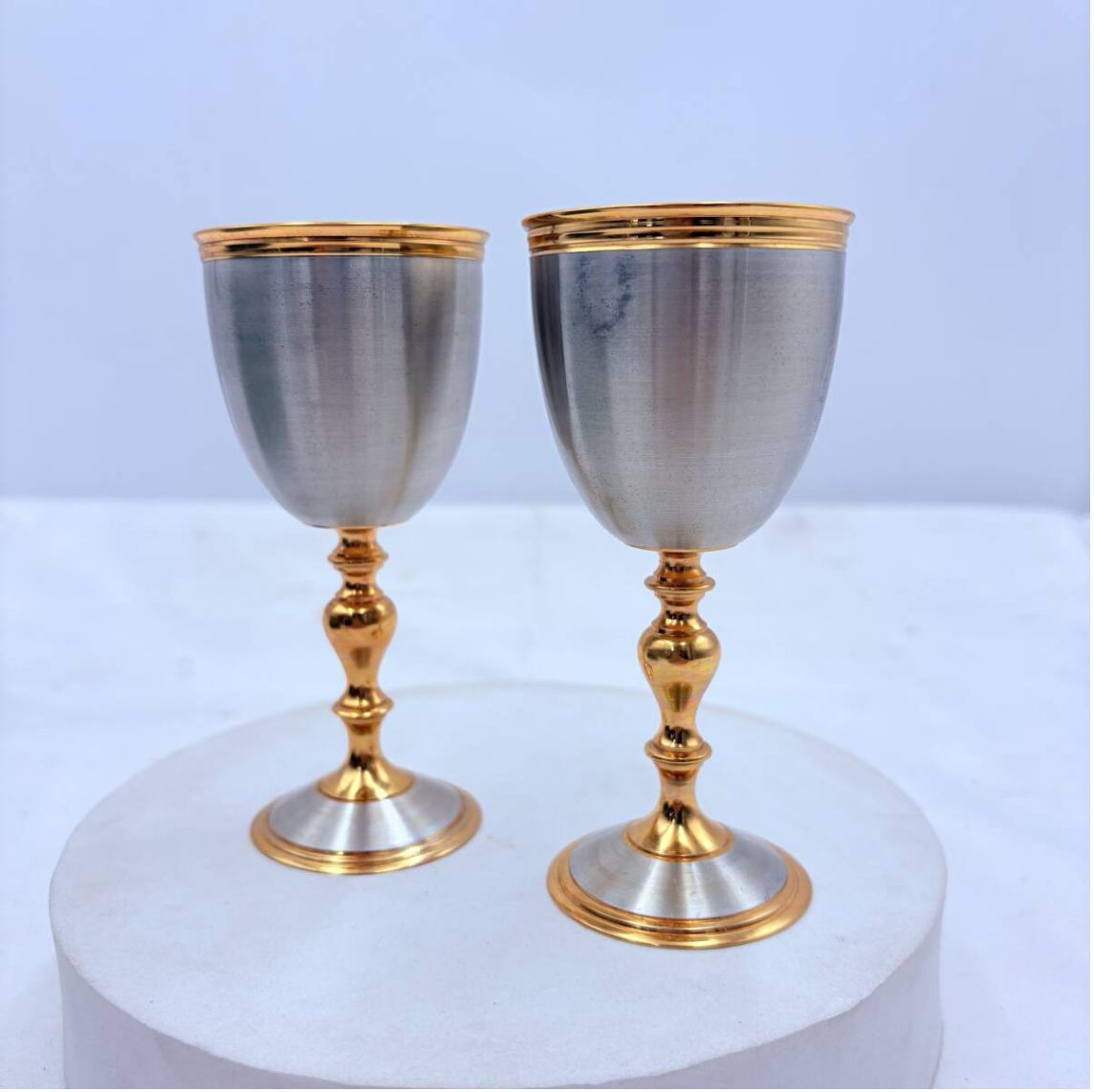 アンティーク調 Pewter Crystal 錫製カップ 2客セット 金彩 磨き跡有