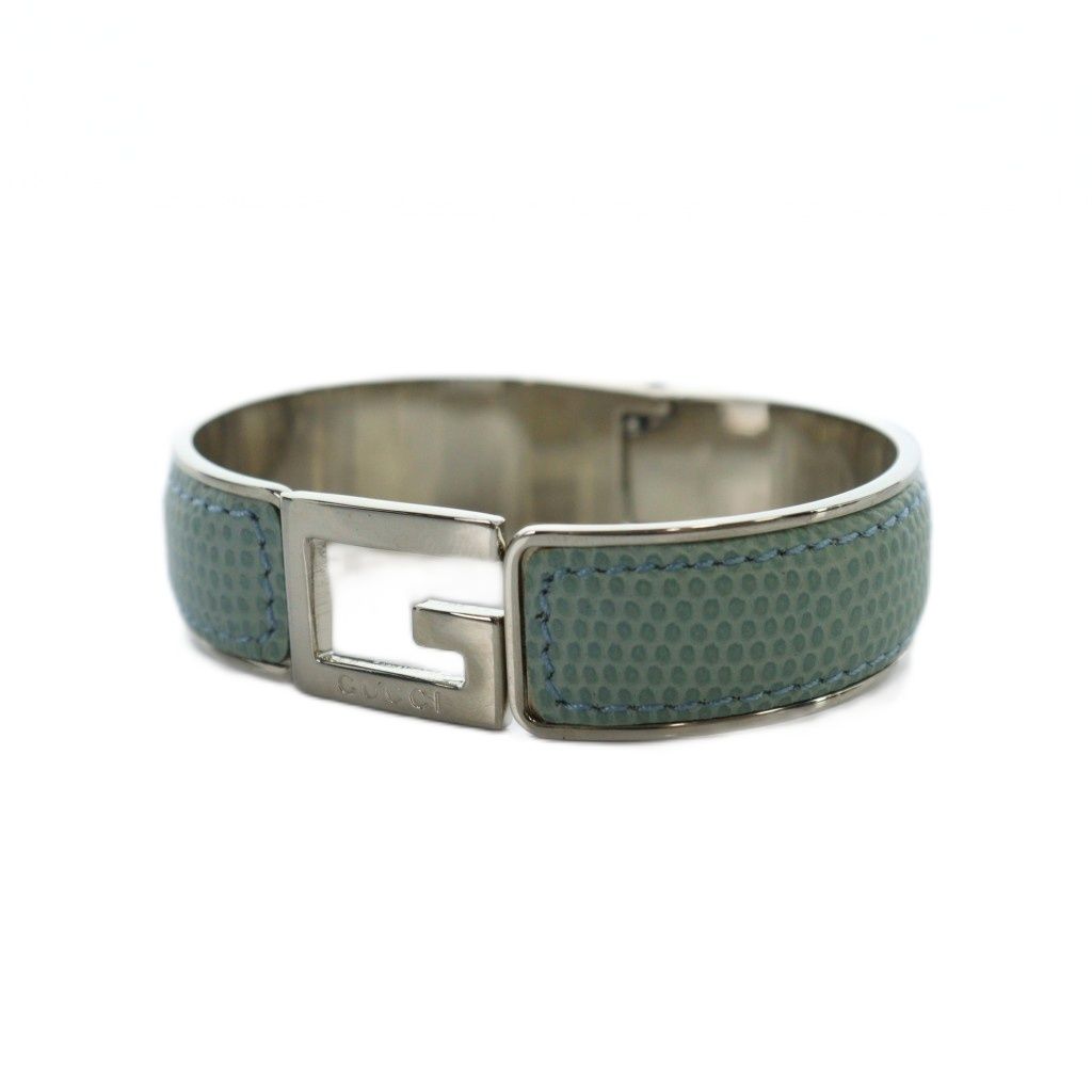 L*u様 美品 GUCCI リザード レザー Gロゴブレスレットバングル ブルー グッチ GUCCI ブレスレット バングル Gロゴ リザード型押し レザー