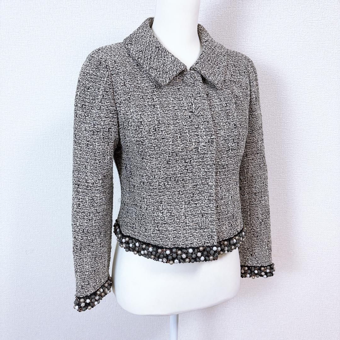美品】Rene 長袖ツイードジャケット 裾ビーズ 36 ツイード グレー