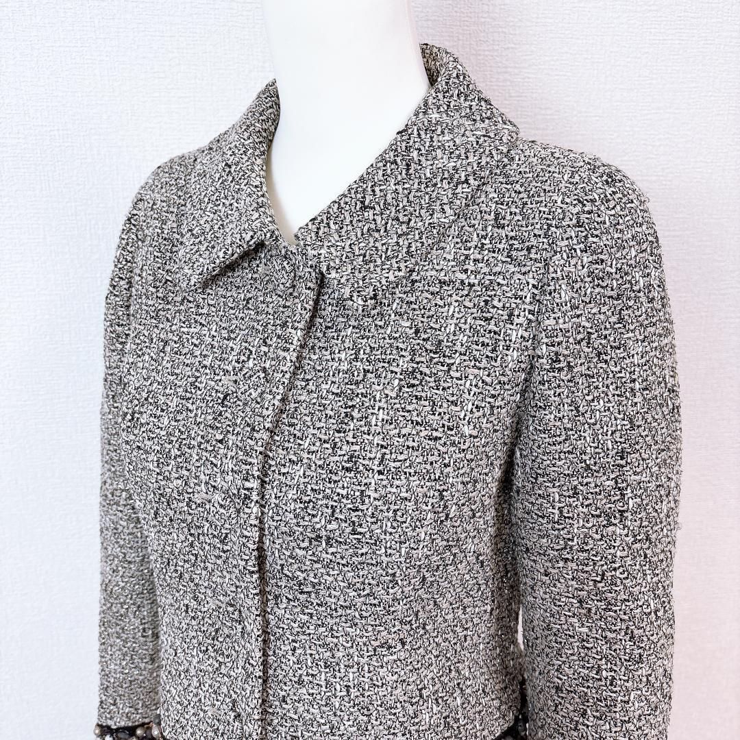 美品】Rene 長袖ツイードジャケット 裾ビーズ 36 ツイード グレー