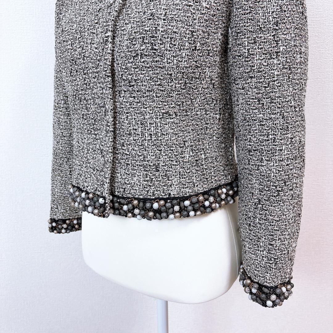 美品】Rene 長袖ツイードジャケット 裾ビーズ 36 ツイード グレー