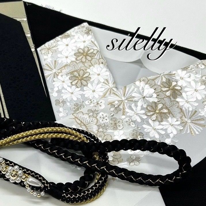 帯締め 帯揚げ 重衿 半衿 4点 花型 絹 黒金 ちりめん 重衿 黒金