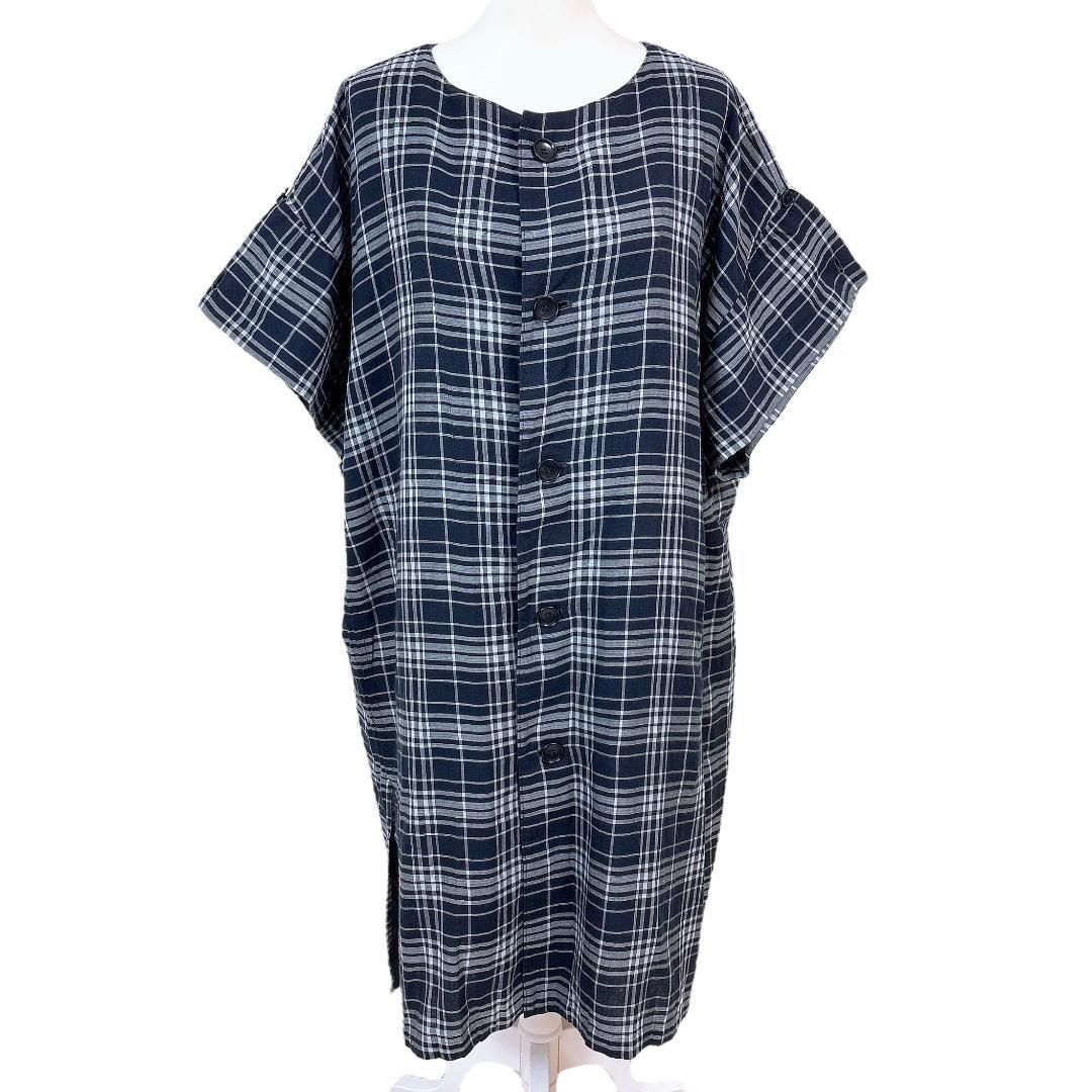 美品】ワイズ Y's 半袖 シャツ ワンピース 袖折り可 1 チェック 紺×白