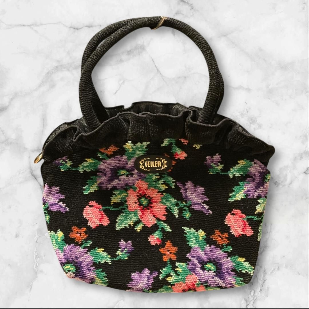 FEILER フェイラー シュニール織 花柄 ハンドバッグ 黒 ドイツ製