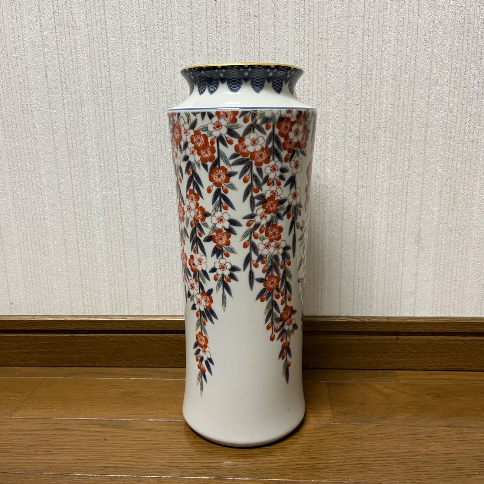 幸山窯 有田焼 花柄 陶器製 円筒形 花瓶 花入 骨董 フラワーベース