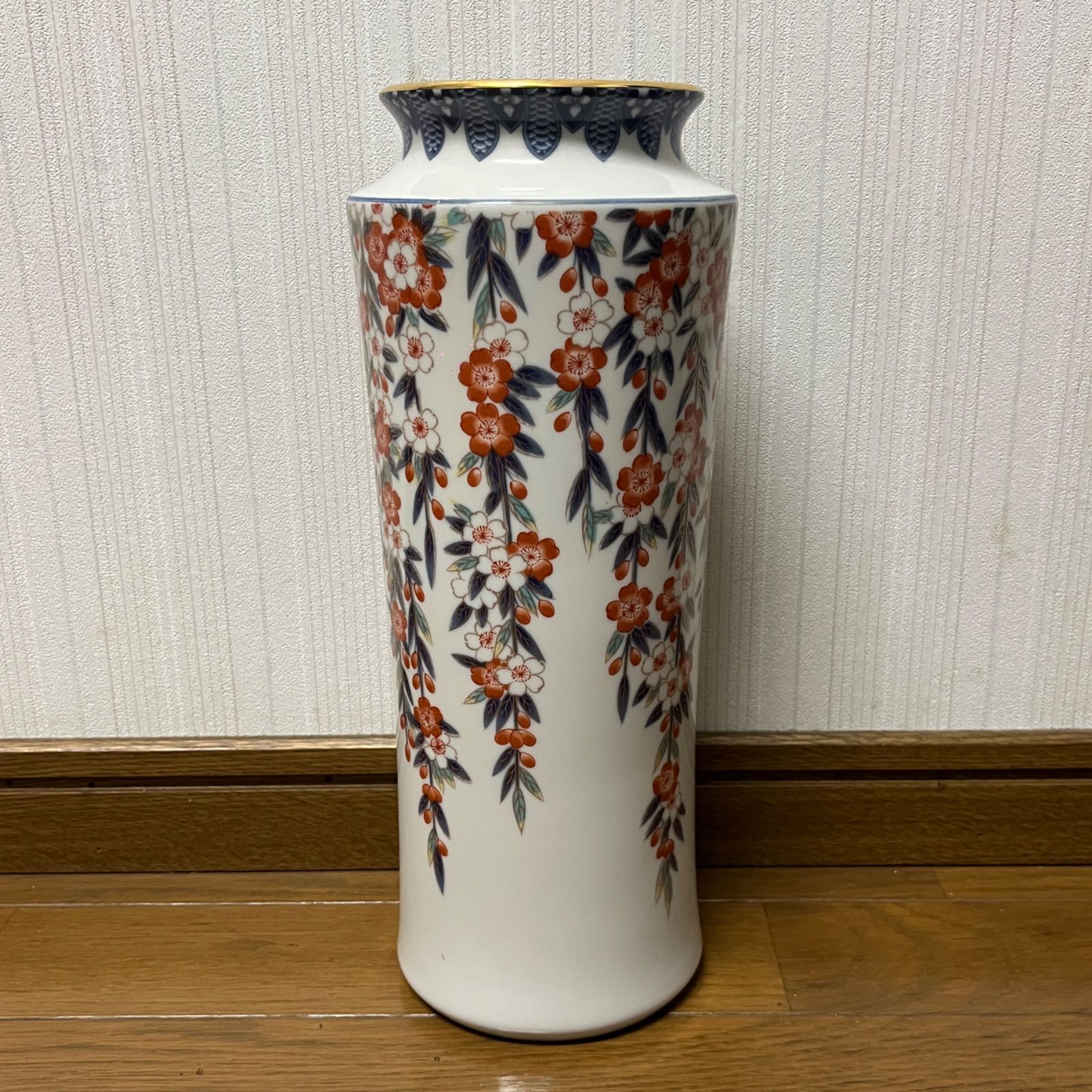 幸山窯 有田焼 花柄 陶器製 円筒形 花瓶 花入 骨董 フラワーベース