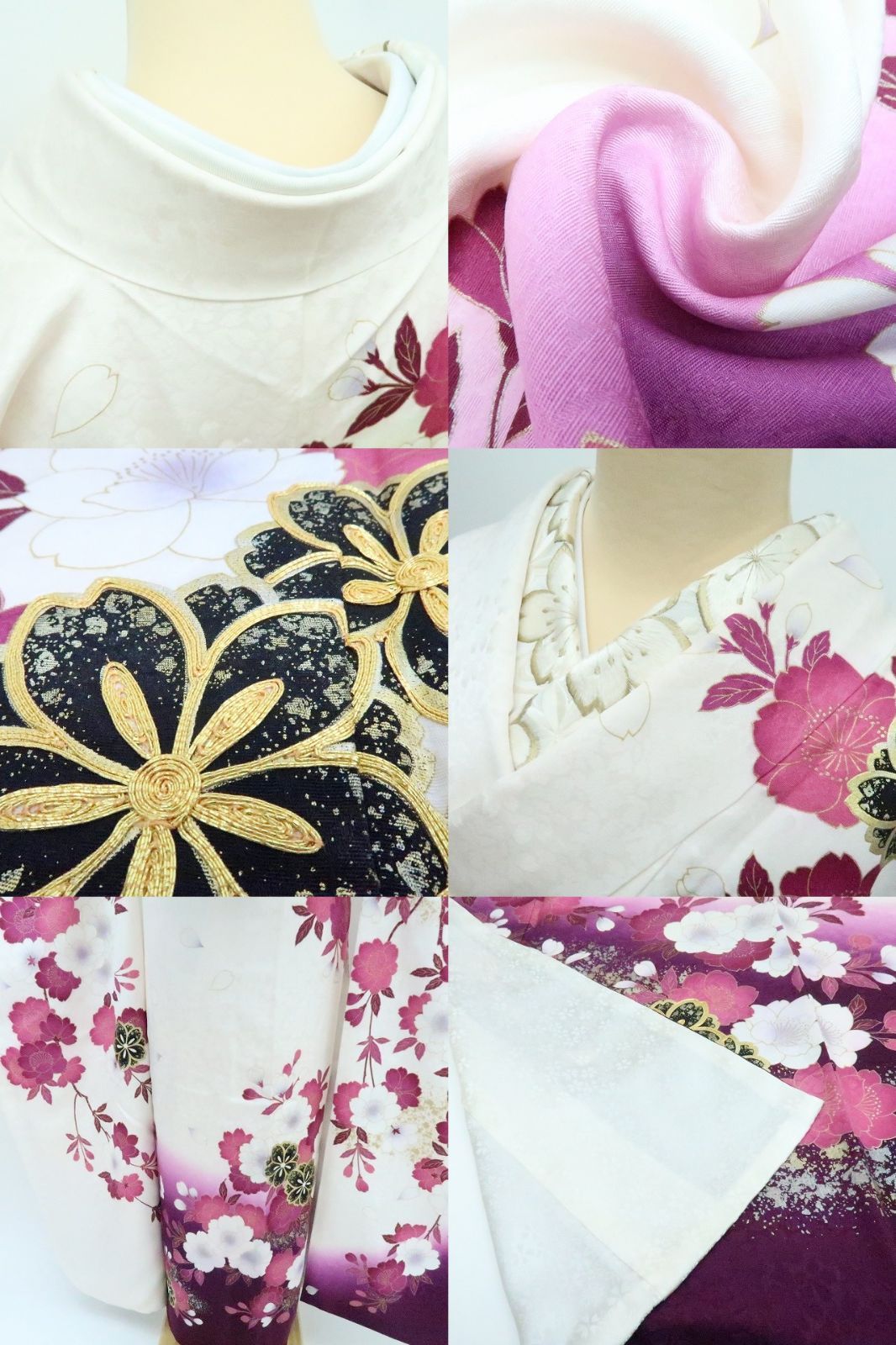 百華❀Y4406◇美品 正絹 金駒刺繡 桜 手縫い仕立て 成人式 振袖