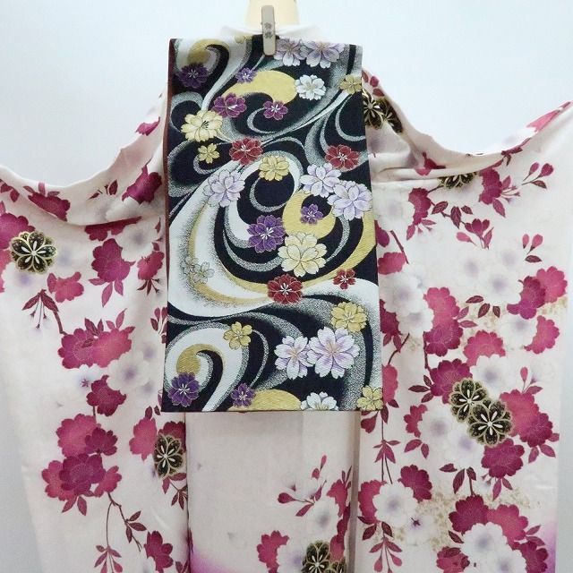 百華❀Y4406◇美品 正絹 金駒刺繡 桜 手縫い仕立て 成人式 振袖