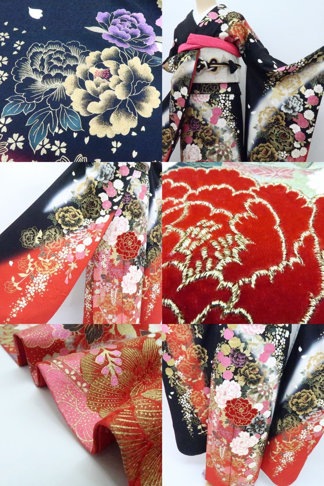 百華❀Y4407◇美品 正絹 金糸 ベロア 牡丹 桜 成人式 トールサイズ
