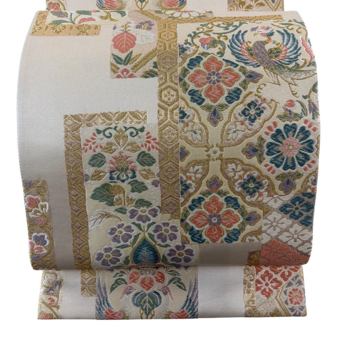 美品】 袋帯 秀品 華文 鳳凰 刺繍 金糸 ベージュ 六通 正絹 【中古