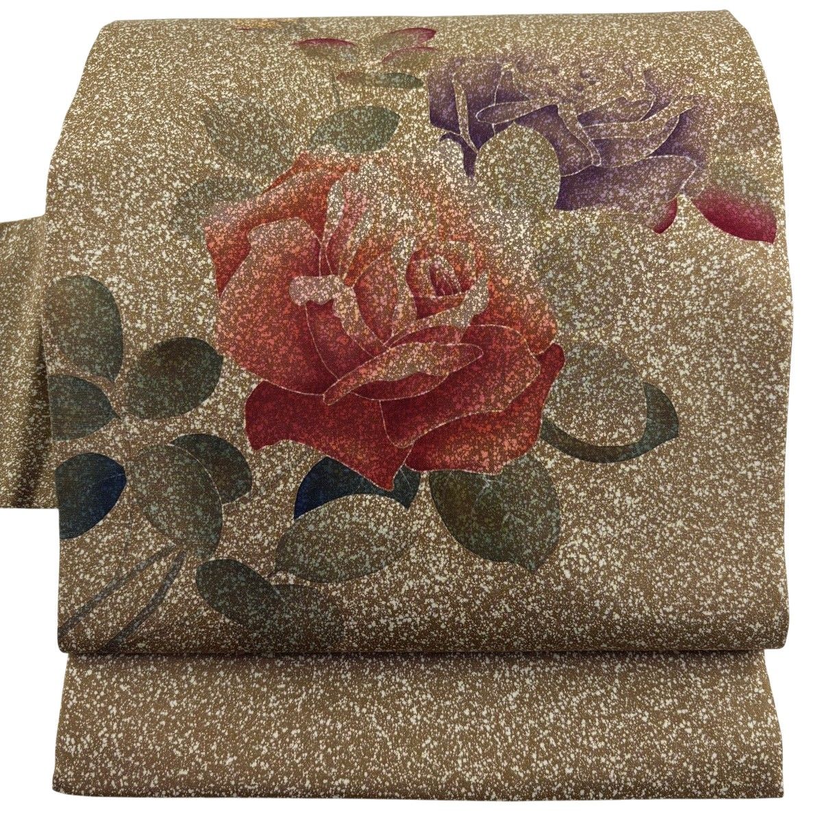 n136【中古良品Ⅱ】ローズ系朝顔の花模様【紬】正絹【名古屋帯】 名古屋帯