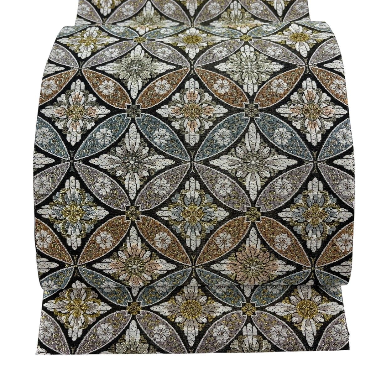 美品】 袋帯 秀品 七宝 花菱 金銀糸 箔 墨色 六通 正絹 【中古