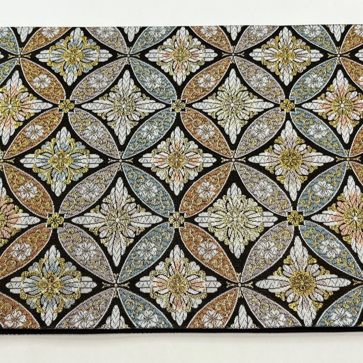 美品】 袋帯 秀品 七宝 花菱 金銀糸 箔 墨色 六通 正絹 【中古