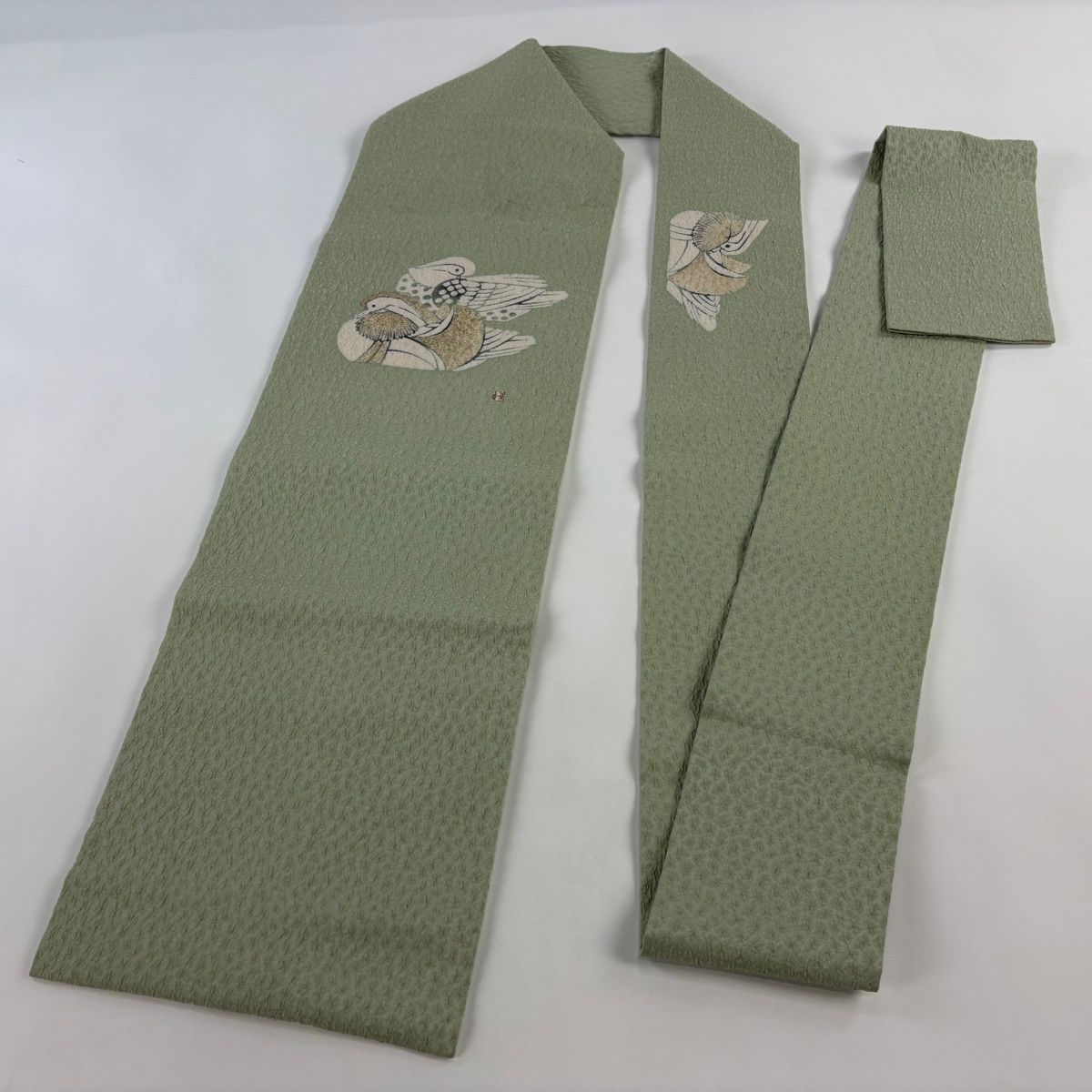 名古屋帯 逸品 人間国宝 羽田登喜男 落款 鴛鴦 金通し 金彩 灰緑 正絹
