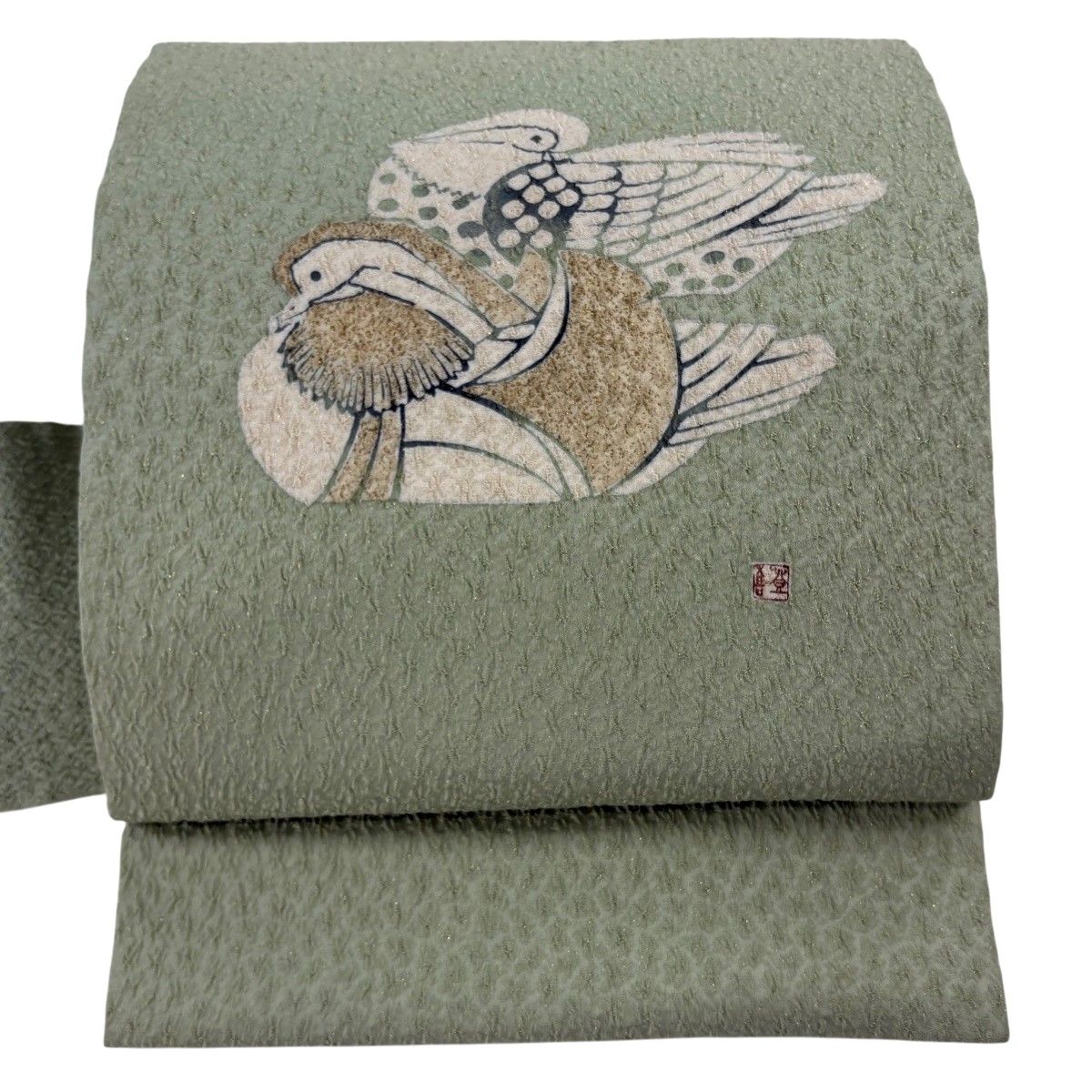 名古屋帯 逸品 人間国宝 羽田登喜男 落款 鴛鴦 金通し 金彩 灰緑 正絹