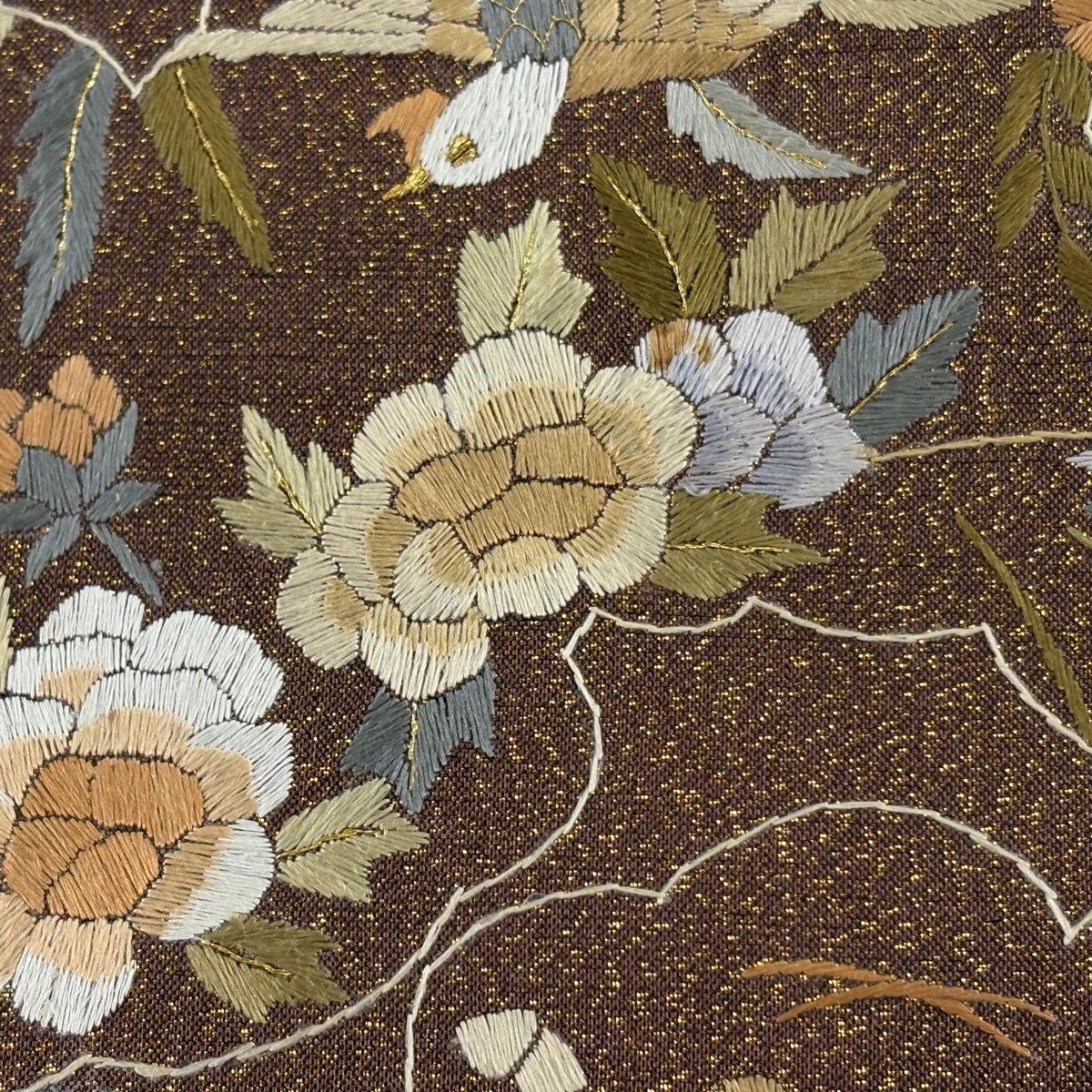 美品】 袋帯 逸品 扇面 花鳥 刺繍 金糸 茶色 六通 正絹 【中古