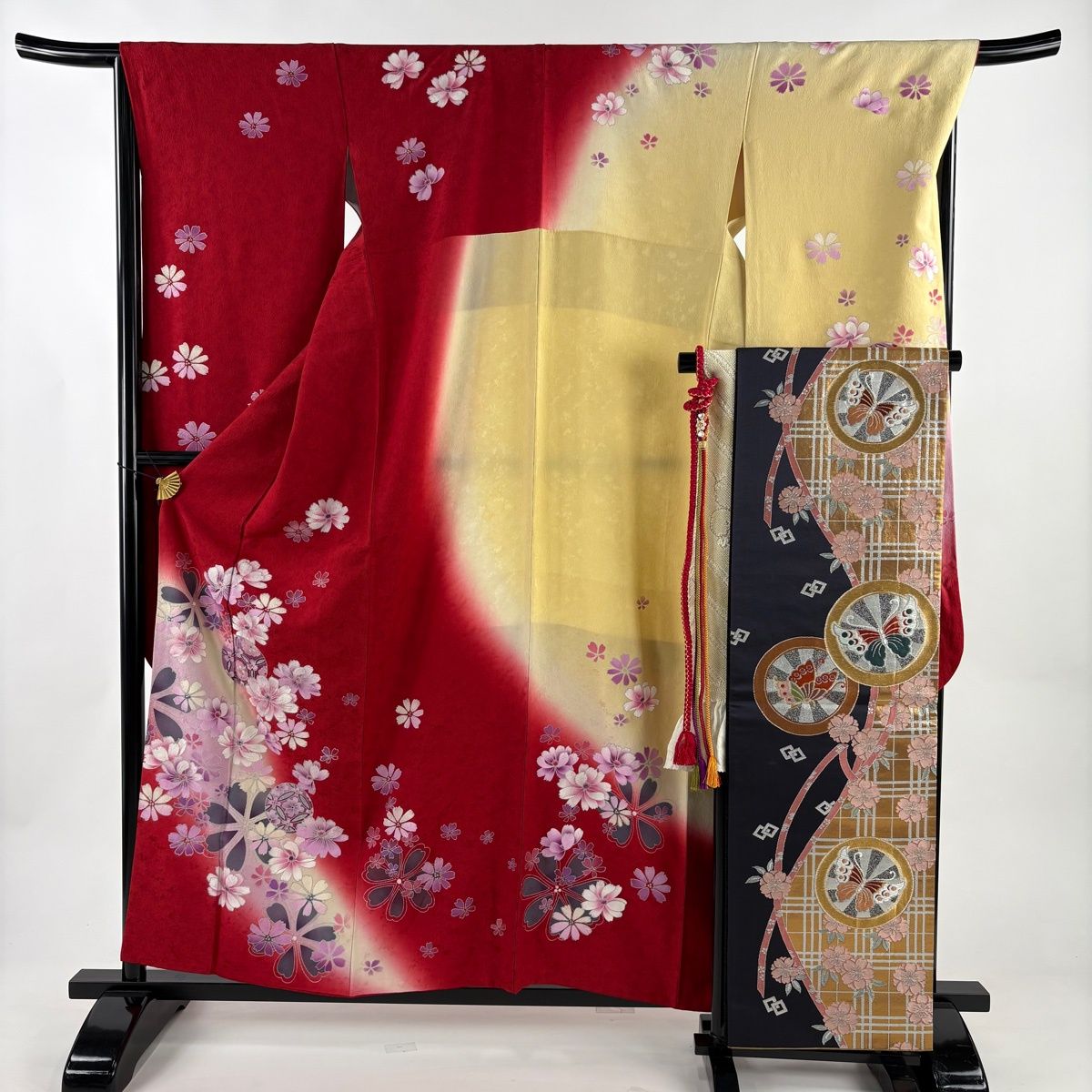 美品】 振袖 身丈158cm 裄丈67cm M 袷 袋帯フルセット 草花 手鞠 銀彩 