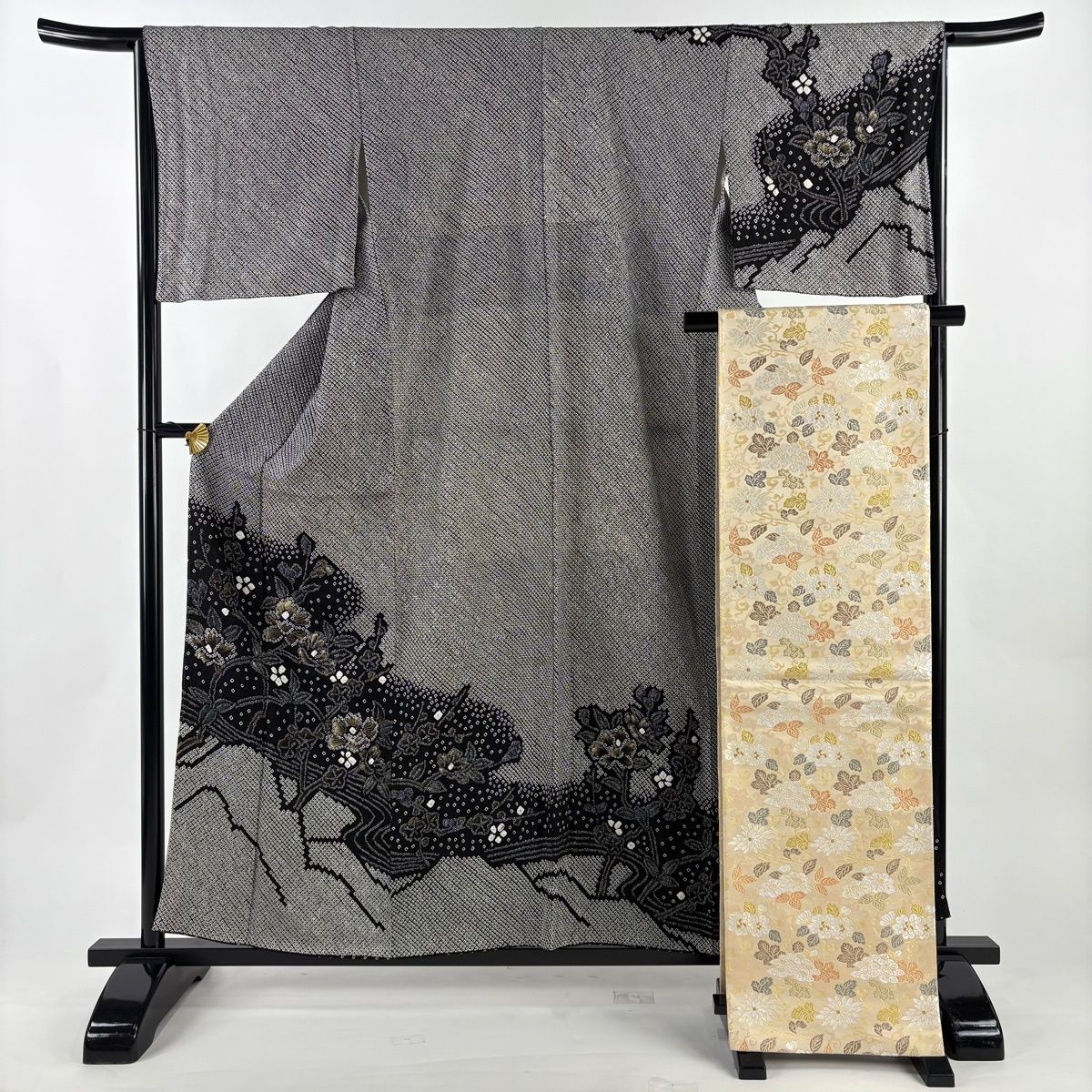 美品】 訪問着 身丈157cm 裄丈65cm M 袷 袋帯セット 草花 流水 総絞り