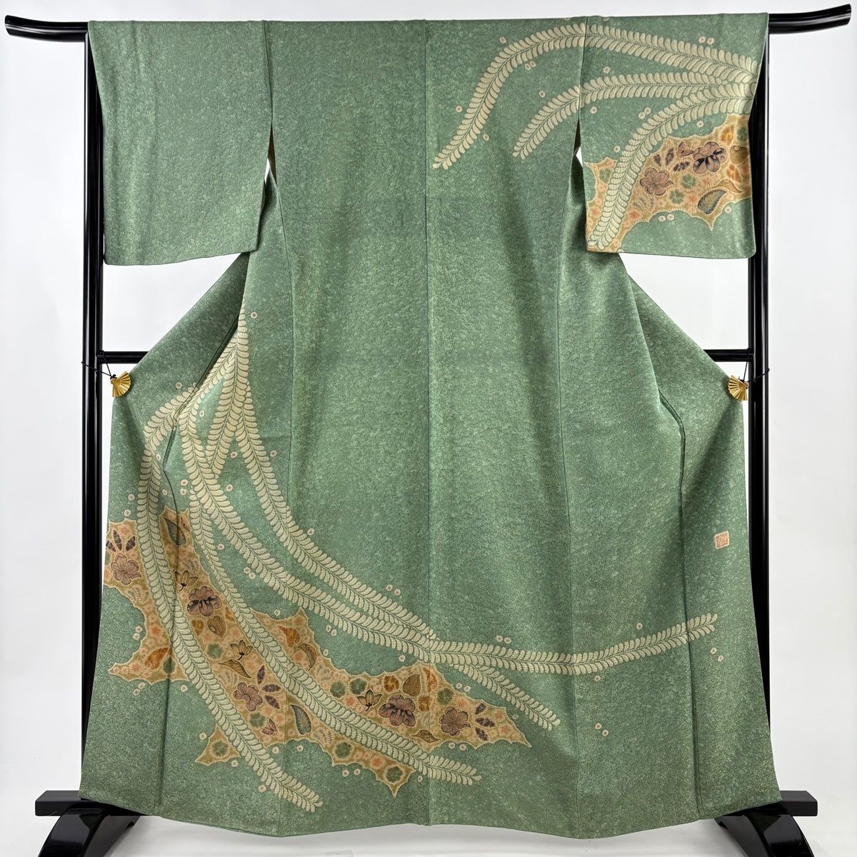 【美品】訪問着と袋帯セット／上品なグリーン地・辻が花／正絹 訪問着 身丈162.5cm 裄丈66cm M 袷 水野保 袋帯セット 落款 辻が花 金