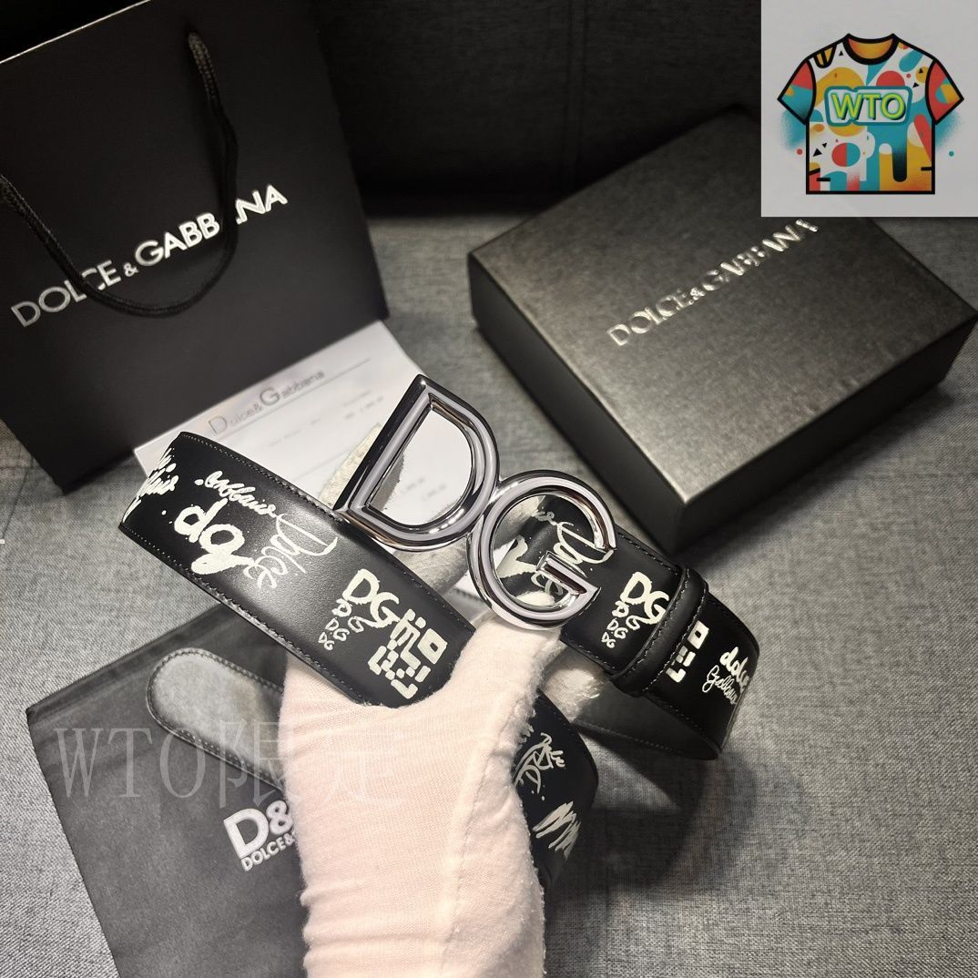 今日特価】Dolce&Gabbana 4.0cm ブラックプリント 小牛皮ベルト - DG