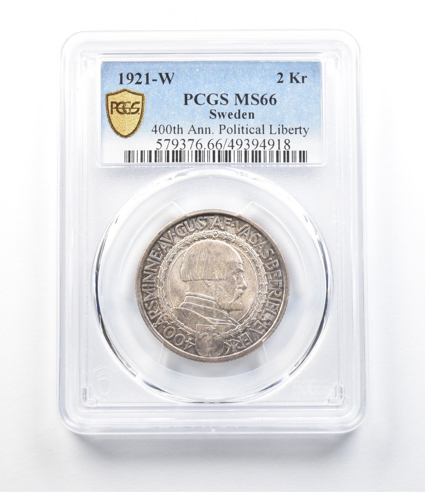 1921-W スウェーデン 2クローナ 400周年記念 政治的自由 MS66 PCGS