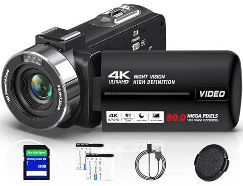 ビデオカメラ 4 K録画 80 MP YouTubeカメラ 3 0インチIPS HD画面 18 Xデジタルズーム IRナイトビジョン 270度回転 スクリーン 32 GBのSDカード 1500 mAh電池 付き 6ヶ国語取扱説明書 軽量 携 f 1 df e 21
