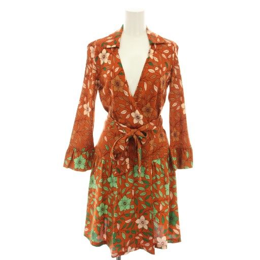 ダイアンフォンファステンバーグ ラップワンピース　シルク　XL 美品 ダイアンフォンファステンバーグ ラップワンピース リーフ柄