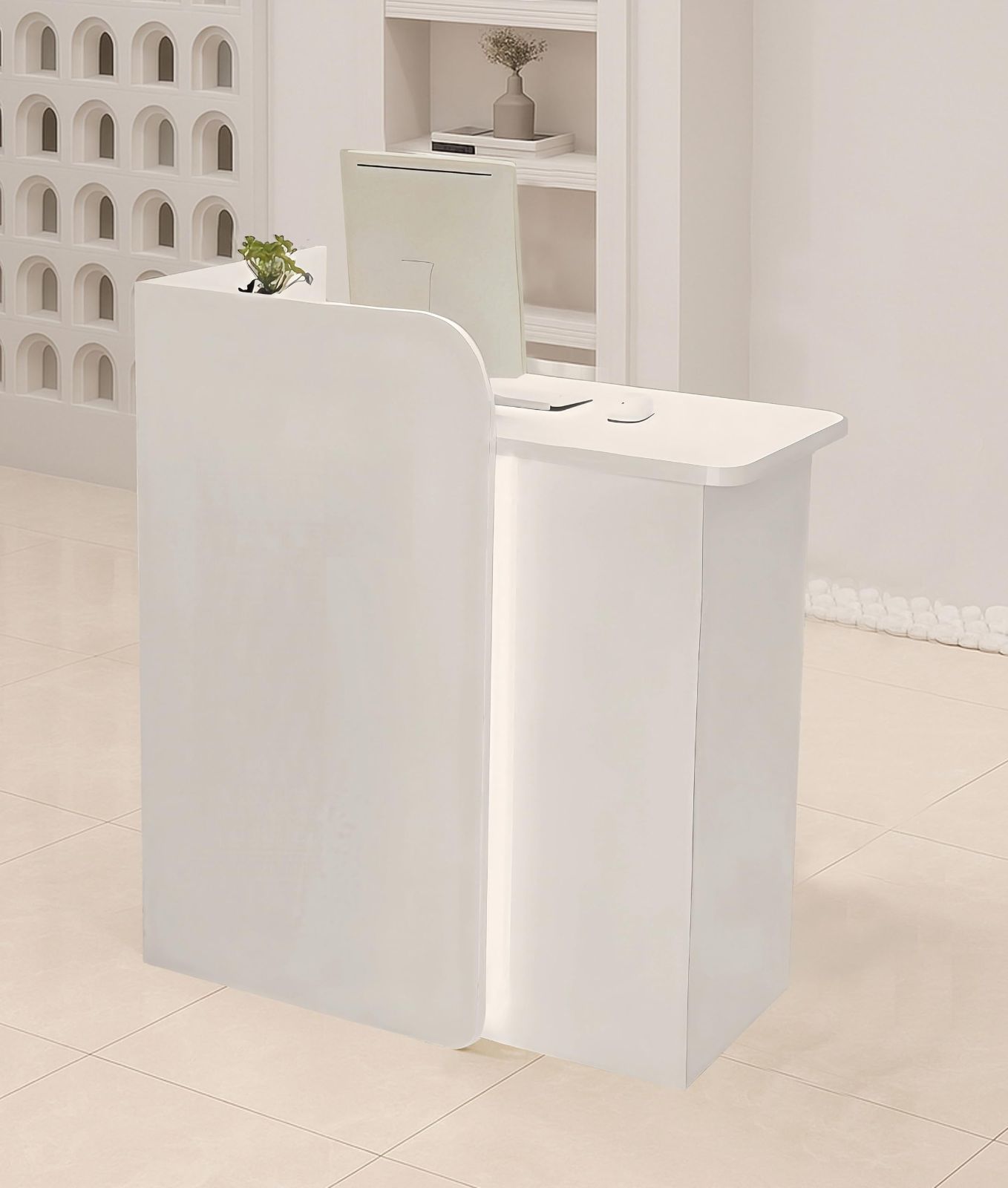 EastEamily レジカウンター 受付カウンター 木製 カウンターテーブル LEDライト付き 45奥行きx 80幅x 100高さcm 大空間 広いデスクトップと2つ引き出し オフィス受付台 おしゃれ スリム お店 美容室 アパレルショップ 会社フロント 日本語