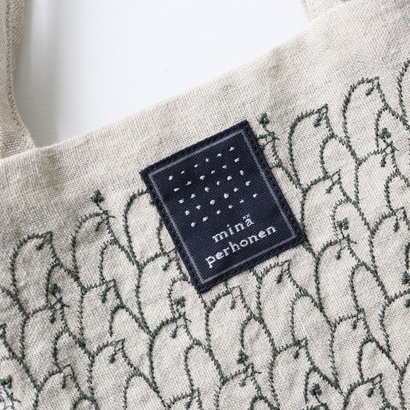 ミナ・ペルホネン　刺繍入りリネンハンドバッグ 美品 ミナペルホネン mina perhonen lintu ミニバッグ＼キナリ 刺繍