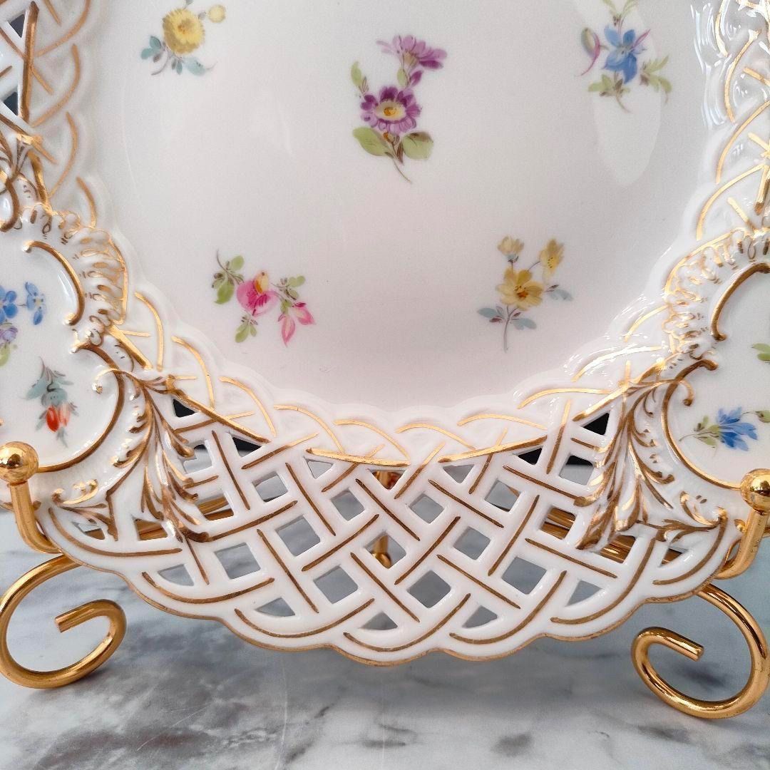 20.5㎝☆マイセン 透かしプレート 美品 小花 フワラー 金彩 ピアス