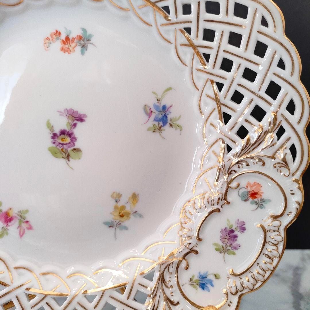 20.5㎝★マイセン 美品 小花 フワラー 透かしプレート ピアスエッジ 金彩 20.5㎝☆マイセン 透かしプレート 美品 小花 フワラー 金彩 ピアス