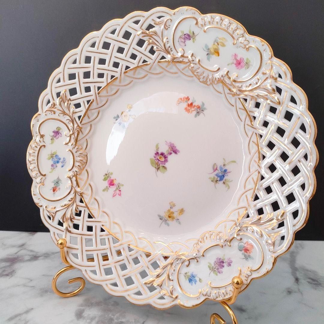 20.5㎝★マイセン 美品 小花 フワラー 透かしプレート ピアスエッジ 金彩 20.5㎝☆マイセン 透かしプレート 美品 小花 フワラー 金彩 ピアス