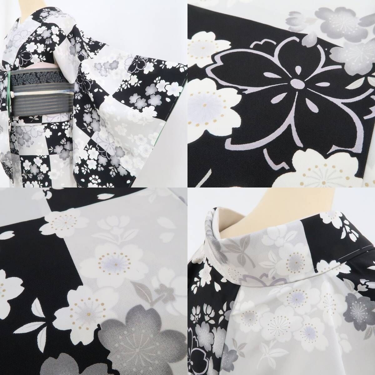 ❁tomihisa❁新品 桜 市松 着物 正絹“モノトーンの誘惑…お洒落小紋で