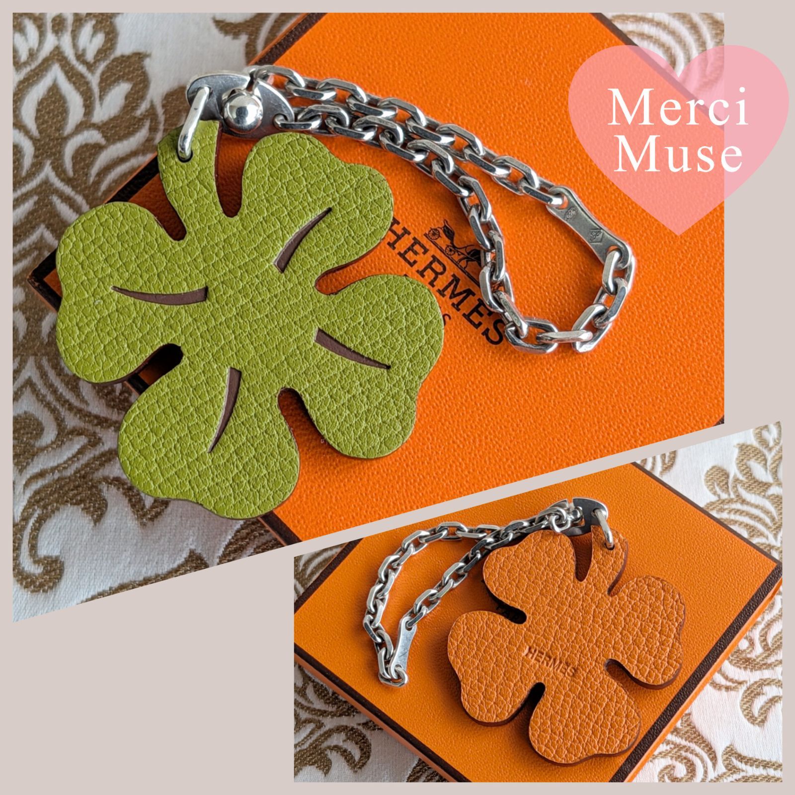 美品 HERMES クローバー チャーム ❤お得なお品❤四葉のクローバーチャーム グリーンxオレンジ エルメス
