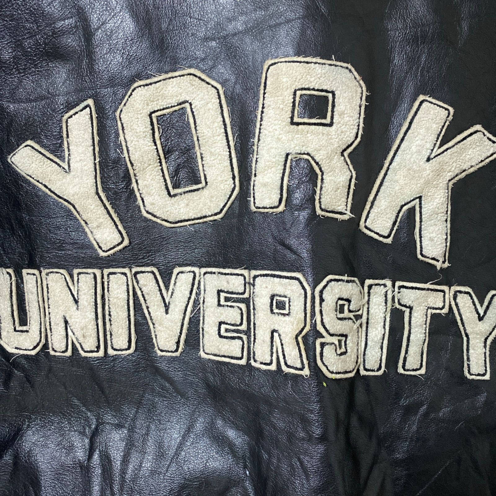 90sレザージャケットカナダ製カレッジヨーク大学バイクドリズラーワッペンブラック ヴィンテージ レザージャケット ライダースジャケット カナダ ヨーク