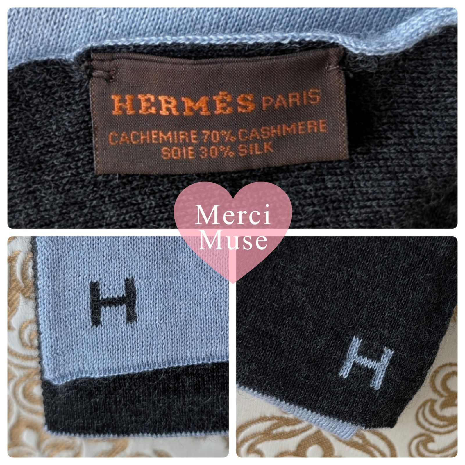 HERMES リバーシブルマフラー 黒/青 男女兼用カシミアシルク