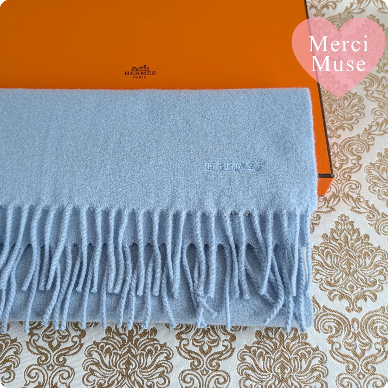 ❤お得なお品❤クリーニング済 ふんわりカシミヤマフラー ライトブルー