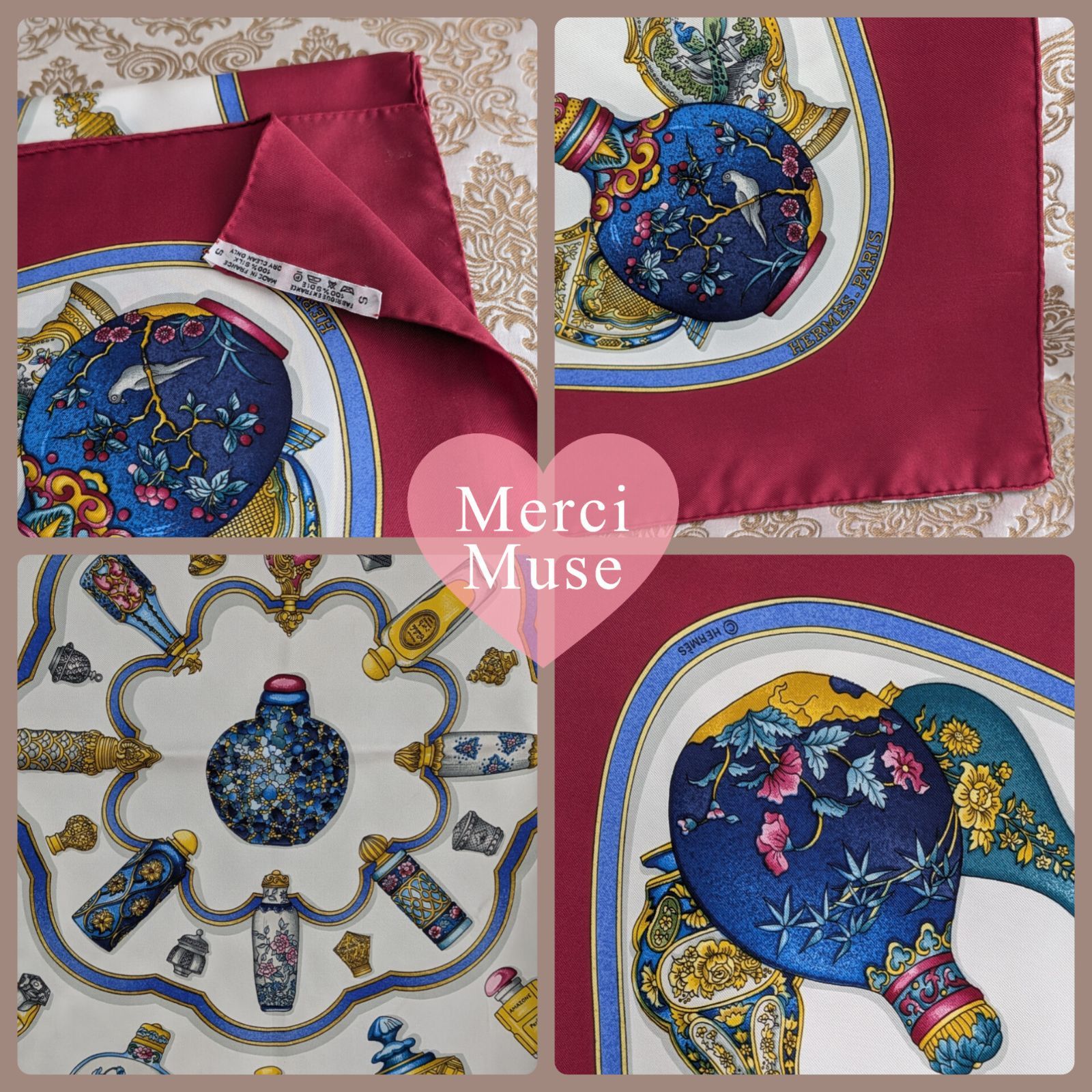 クリーニング済美品　エルメス スカーフ カレ90 ❤お得なお品❤クリーニング済 エルメス カレ90 ボルドー スカーフ 箱