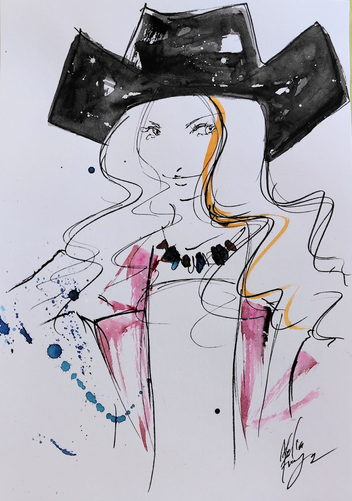 原画#244 女性画 ウエスタン 水彩画 ドローイング インテリア アート