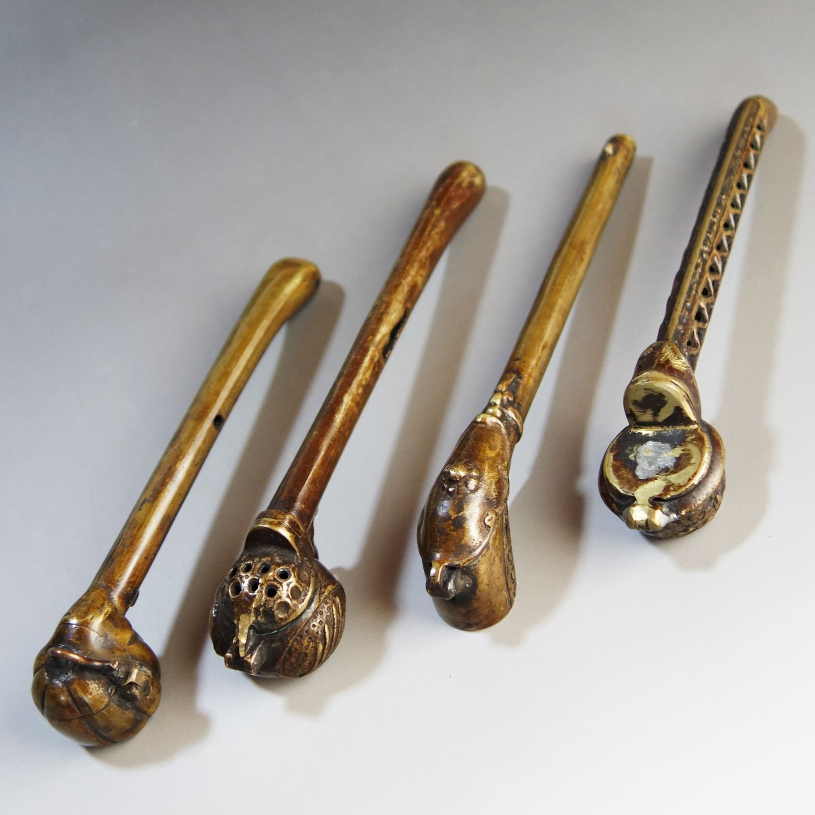 矢立 【 真鍮製 装飾 矢立 4点 】書道具 骨董 古美術 アンティーク