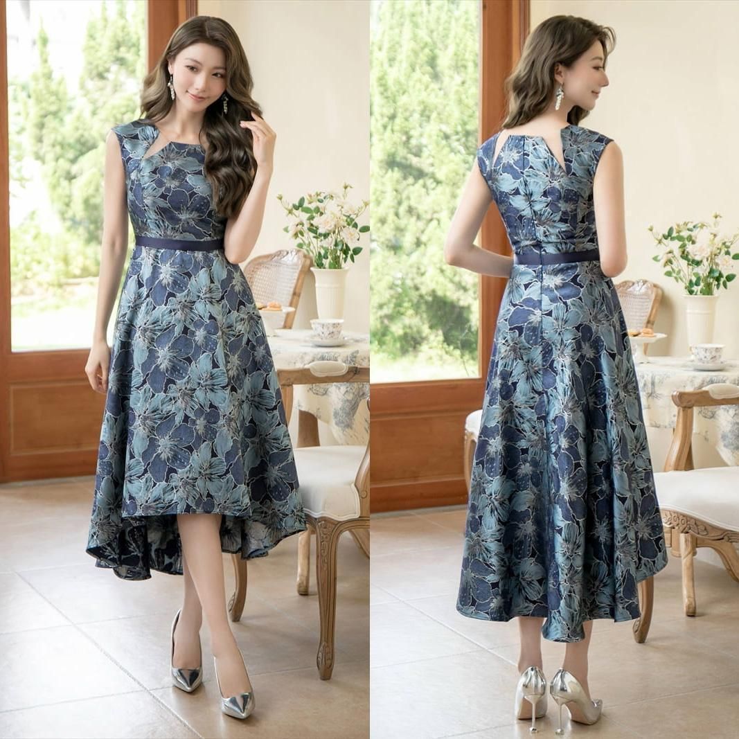 銀座クチュール ERUKEI エルケイ 刺繍デザインアシメトリードレス GINZA COUTURE / 銀座クチュール】フラワー刺繍 Aライン ミディアム